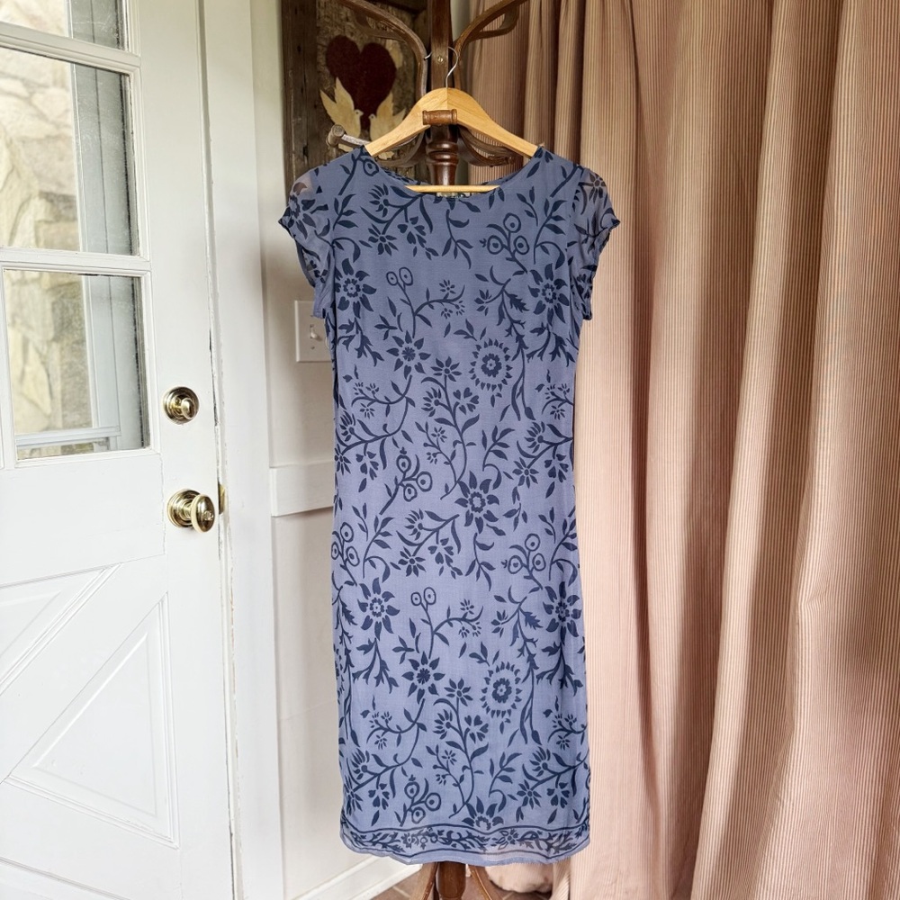 Vintage 90s Blue Floral Cap Sleeve Chiffon Midi Dress